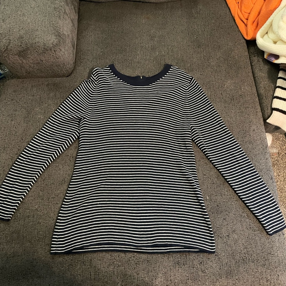 navy and white stripped sweater. zip up back. XL